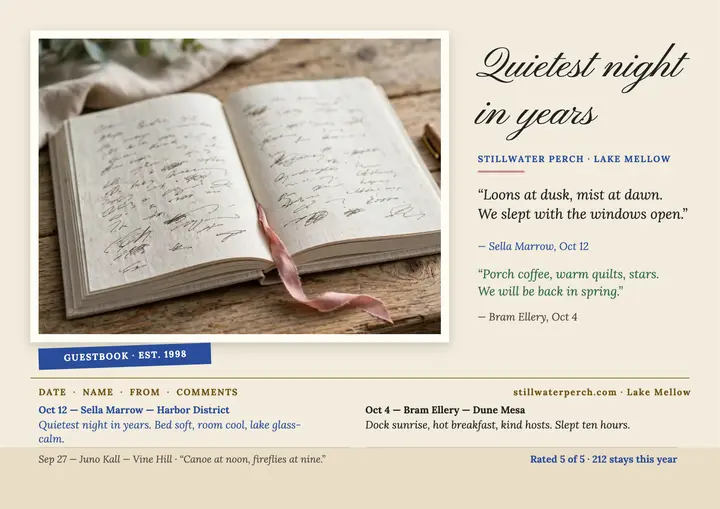 Stillwater Perch guestbook reviews page template
