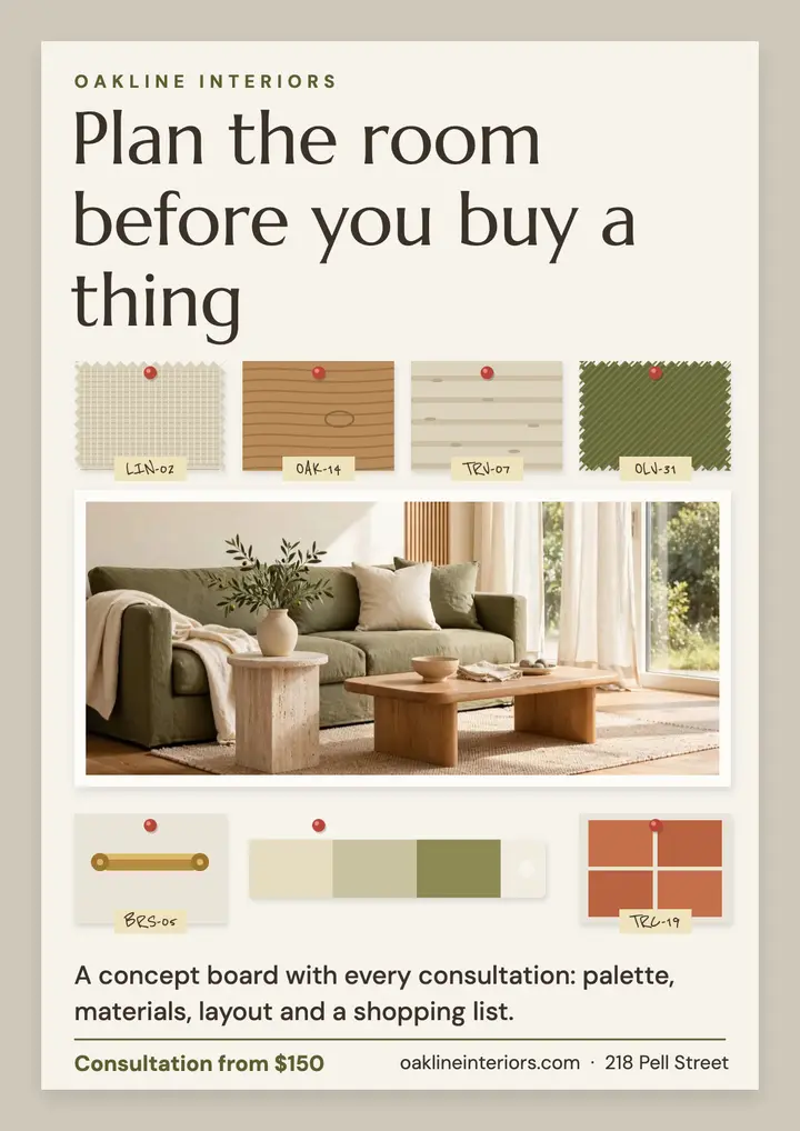 Oakline Interiors concept board consultation flyer: interior design consultation flyer template