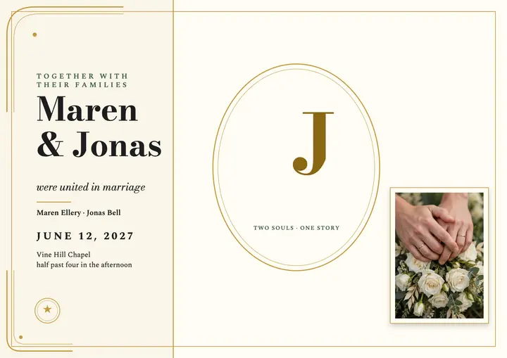 Maren and Jonas interlocked initials certificate: wedding certificate template