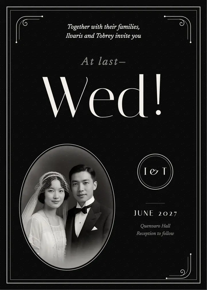 Ilvaris and Tobrey silent film wedding invitation template