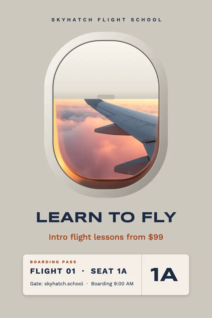 Skyhatch Flight School intro lessons plane window poster: flight school poster template