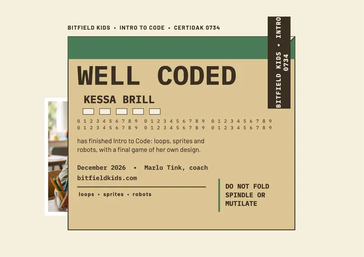 Bitfield Kids intro to code punch card certificate template