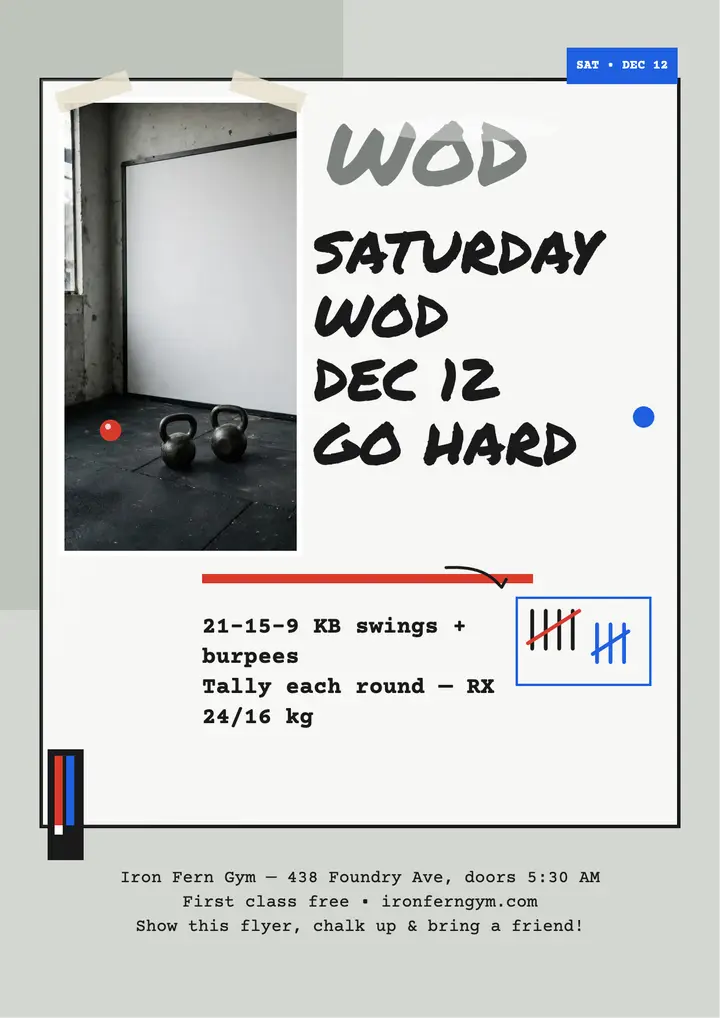 Iron Fern Gym Saturday WOD whiteboard flyer template