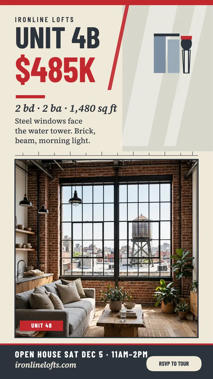 Ironline Lofts unit listing story: loft listing story template