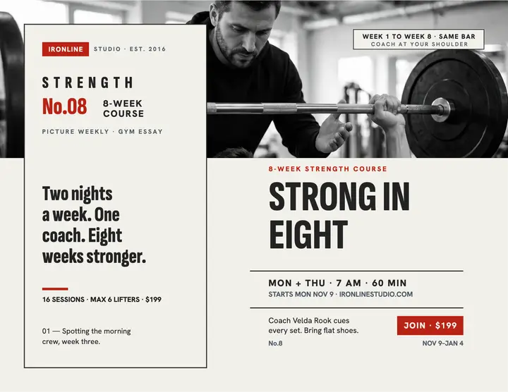 Ironline Studio Strong in Eight flyer: gym strength program flyer template