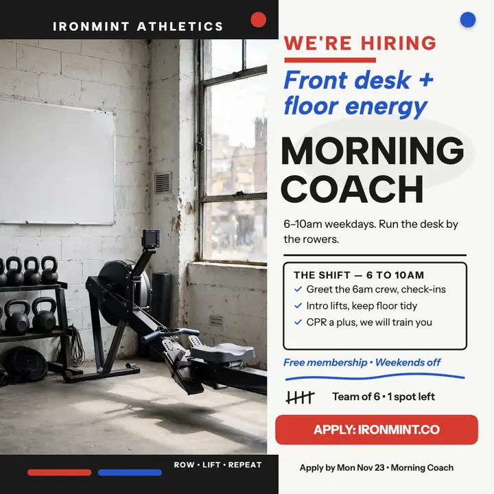 Ironmint morning coach hiring post: gym hiring post template