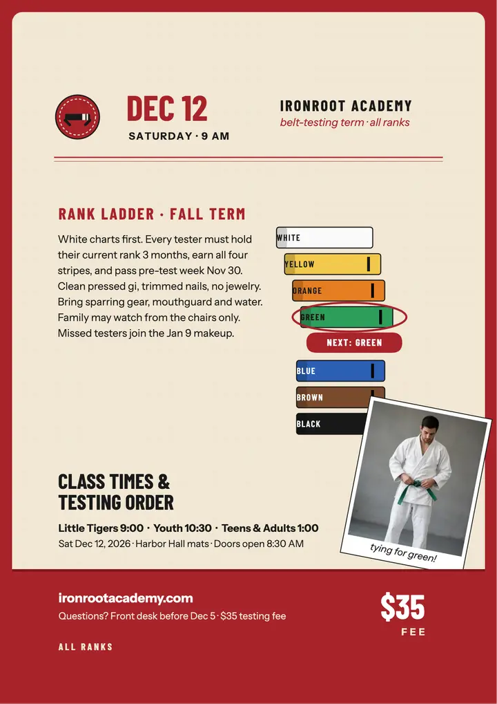 Ironroot Academy belt testing flyer template