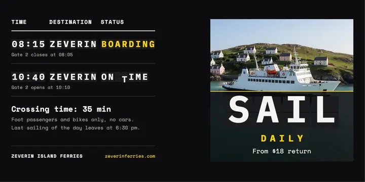 Zeverin Island Ferries split-flap departure post template