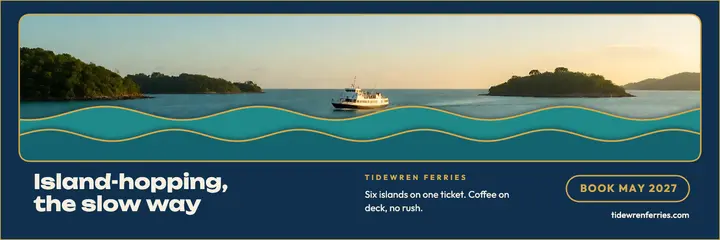 Slow island-hopping ferry X header, layered papercut template
