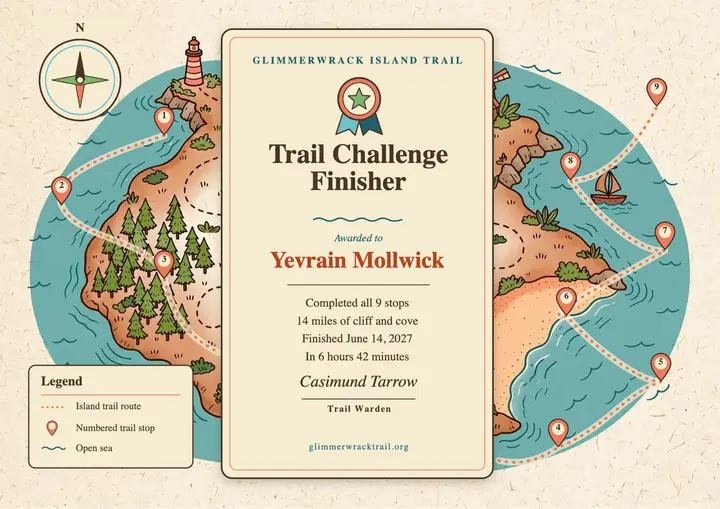 Island trail challenge finisher certificate, pictorial map template