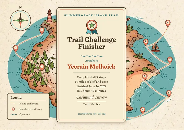 Island trail challenge finisher certificate, pictorial map template