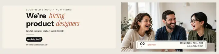 Loomfield Studio hiring designers banner template