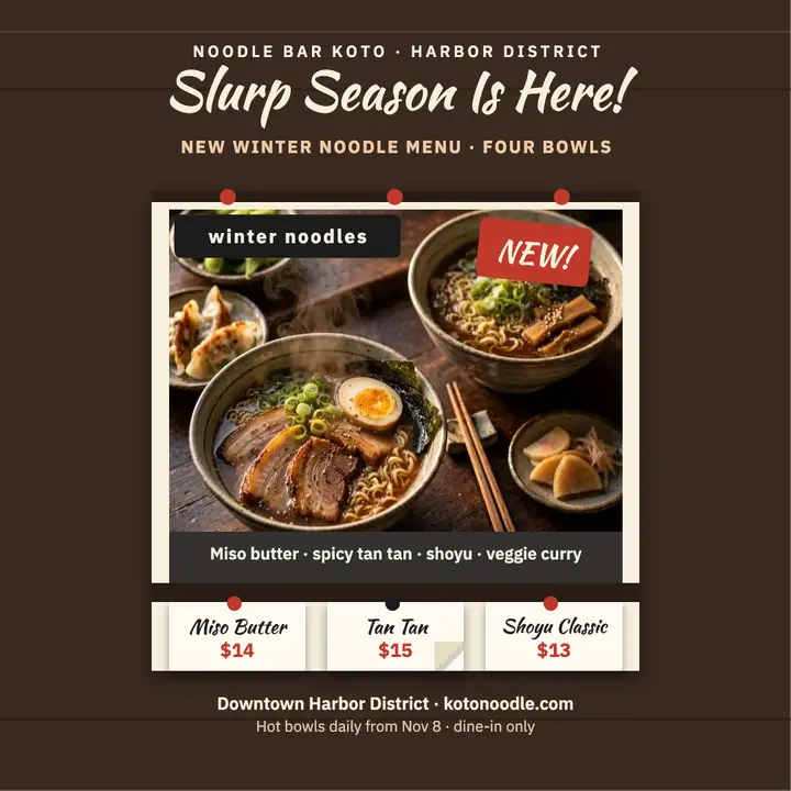 Noodle Bar Koto winter noodle wall menu template
