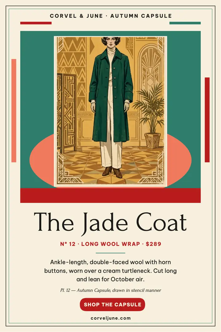 Corvel and June jade coat plate poster template