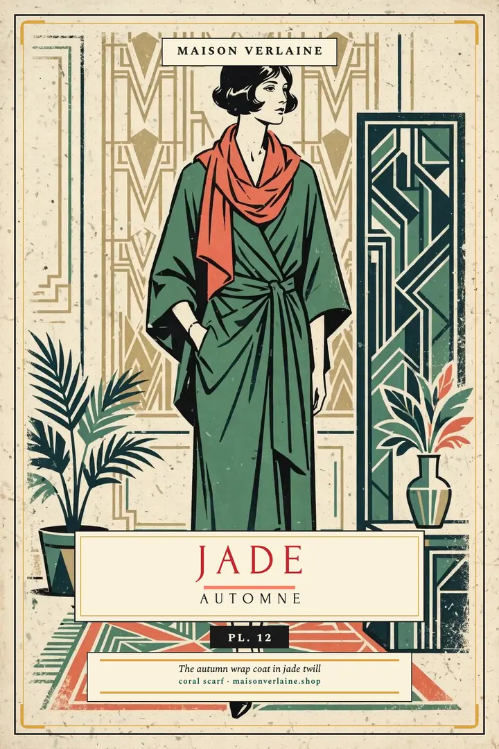 Maison Verlaine jade wrap coat pochoir poster: jade wrap coat poster template