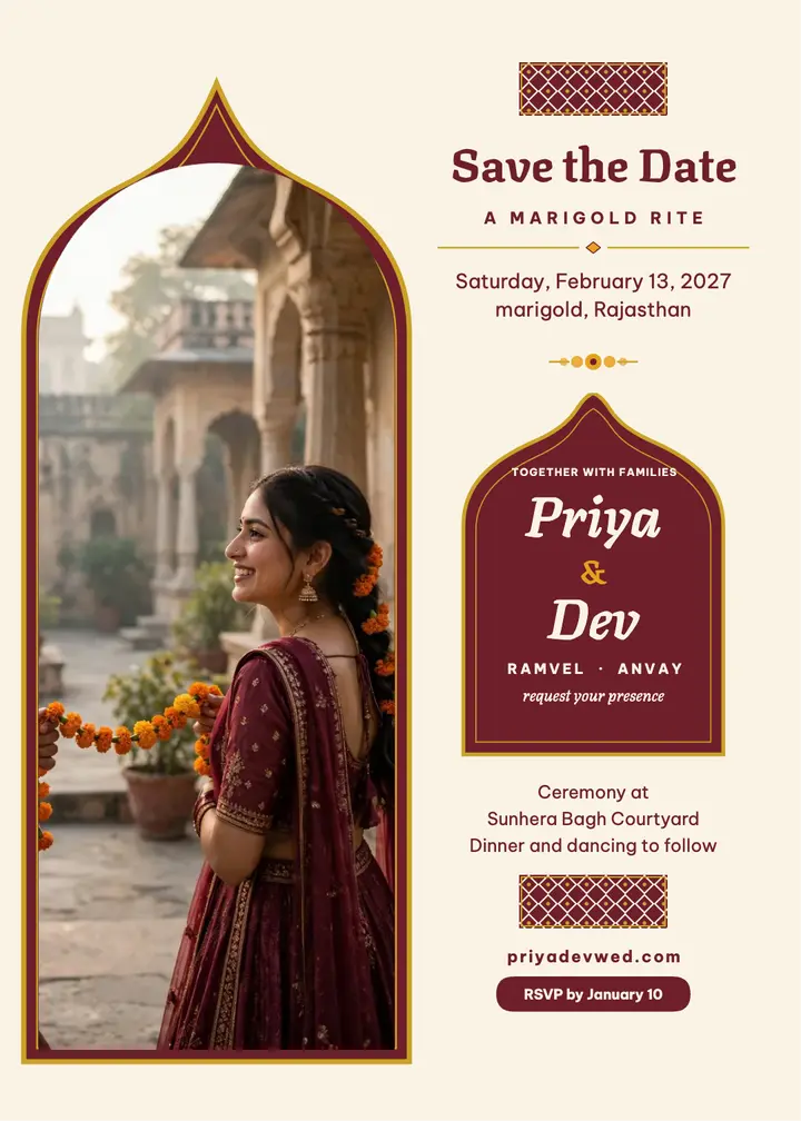 Priya and Dev marigold arch invite template