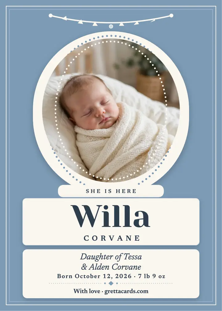 Willa Corvane cameo birth announcement template