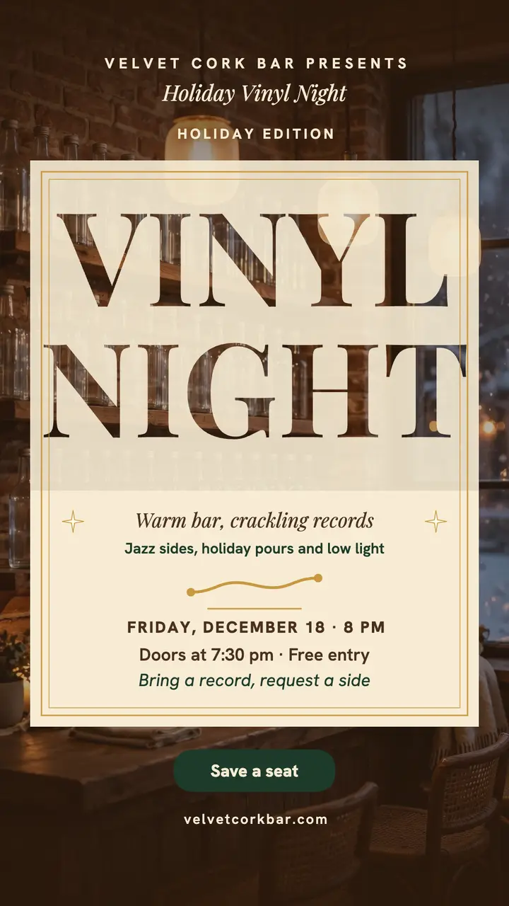 Velvet Cork holiday vinyl night story template