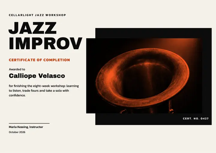 Jazz improvisation workshop certificate, hard-bop sleeve: jazz workshop certificate template