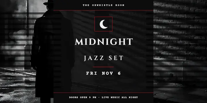 Midnight jazz set at The Oxwhistle Room, film noir post: jazz night social post template