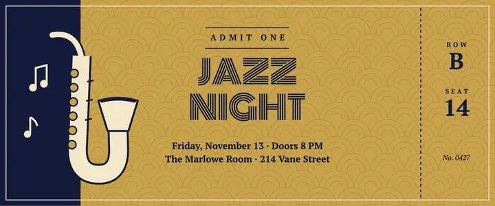 Brass and navy art deco jazz night ticket template
