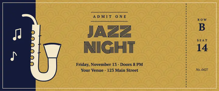 Brass and navy art deco jazz night ticket template
