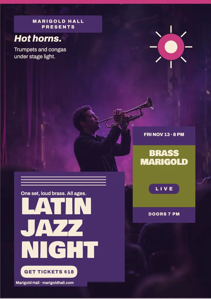 Brass Marigold Latin jazz night flyer template
