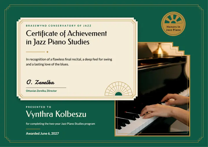 Jazz piano achievement certificate template