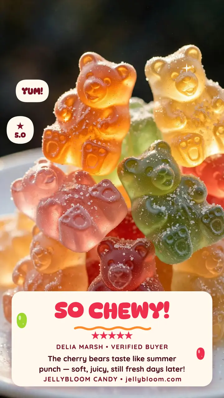 Jellybloom gummy sweet review story: candy review story template