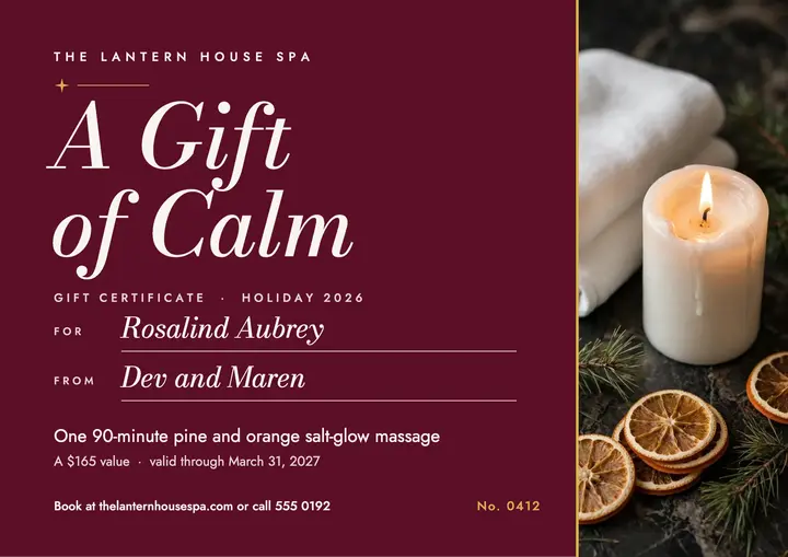 A Gift of Calm burgundy spa gift certificate template