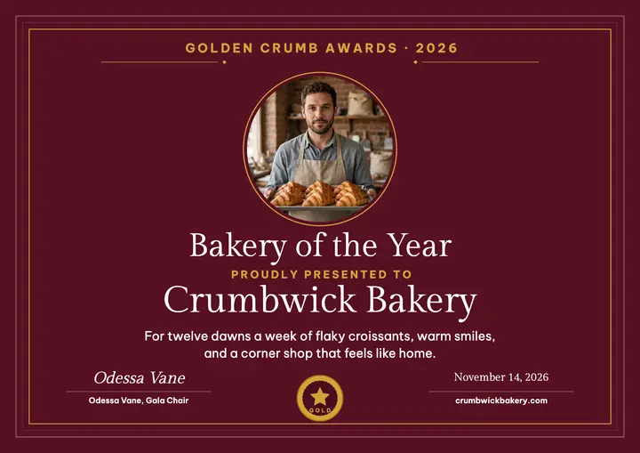 Crumbwick Bakery gala award certificate: bakery award certificate template