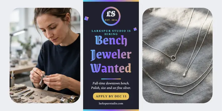 Larkspur Studio bench jeweler hiring post: jewelry hiring post template