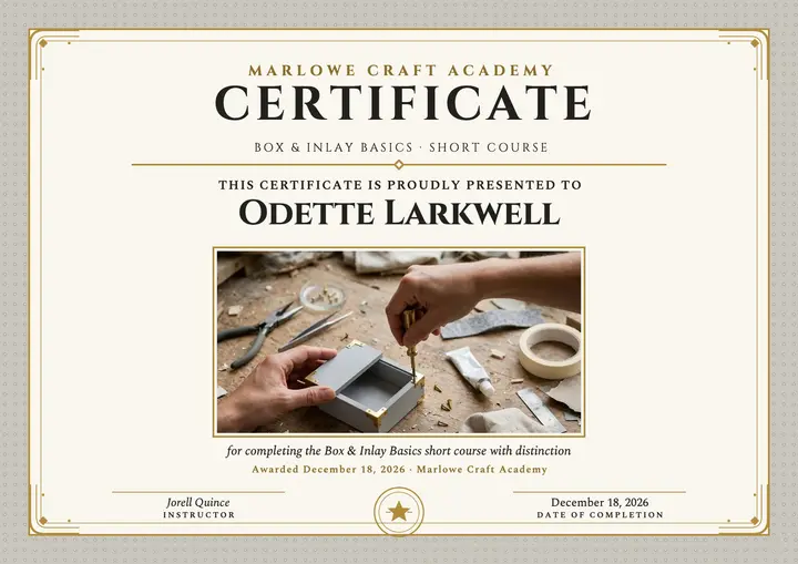 Jewelry box course certificate, Marlowe Craft template