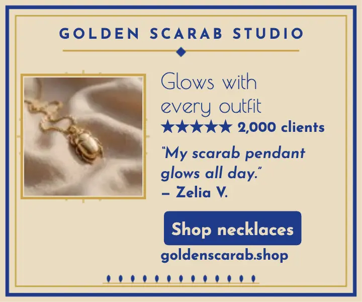 Golden Scarab necklace spotlight ad: gold necklace ad template