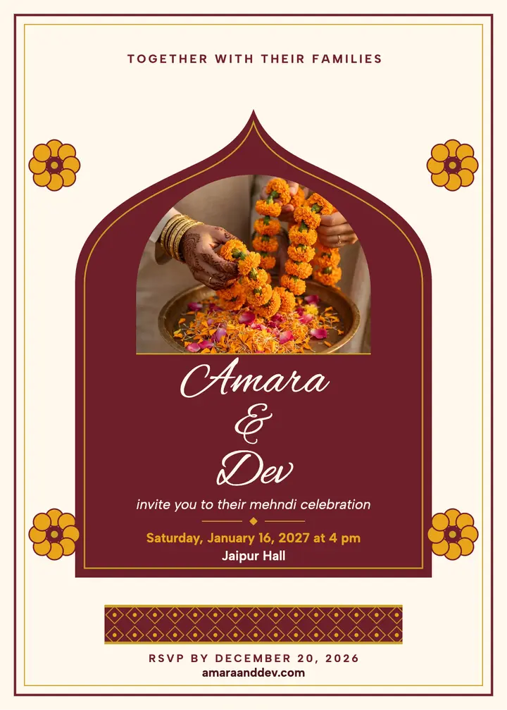 Amara and Dev mehndi arch invitation template