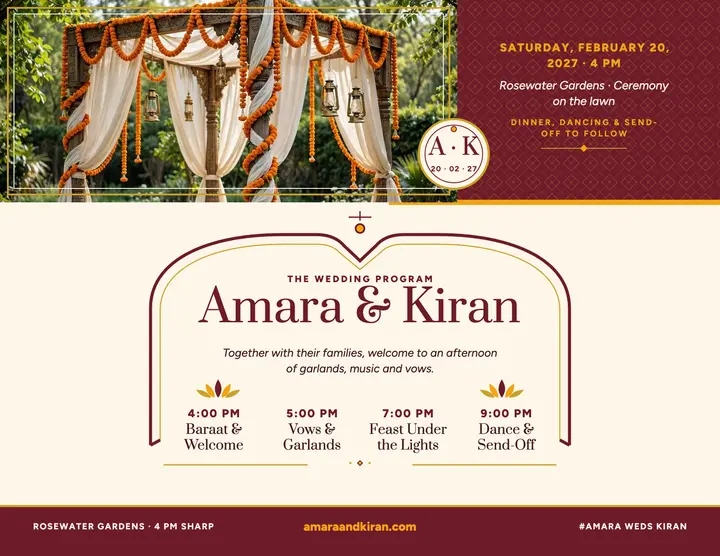 Amara and Kiran marigold program: wedding program flyer template