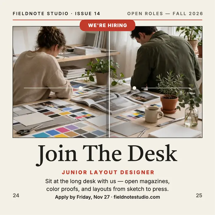Fieldnote Studio hiring post, desk spread: hiring post template