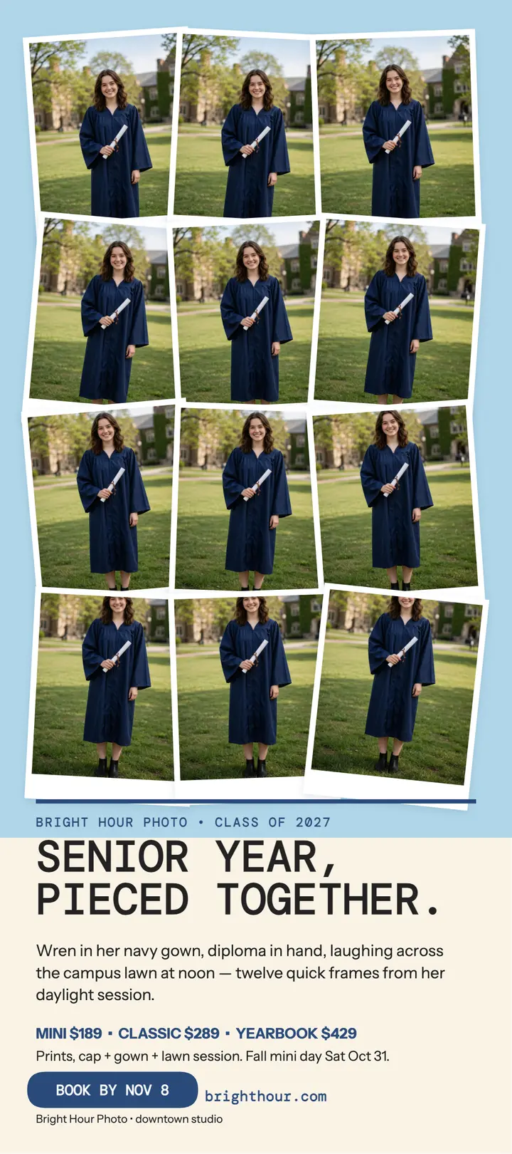 Joiner graduation portraits rack card: graduation portrait rack card template