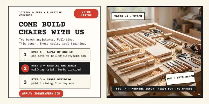 Joinery and Fern bench hiring manual post: furniture workshop hiring post template