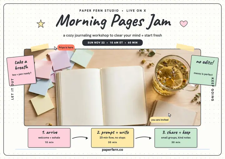 Morning Pages Jam whiteboard flyer: journaling workshop flyer template