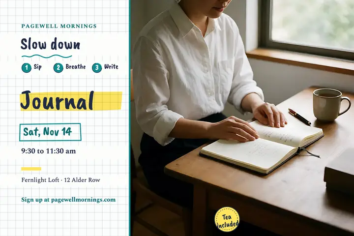 Pagewell Mornings journaling workshop postcard: journaling workshop postcard template