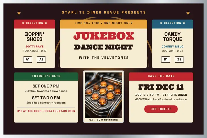 Starlite jukebox dance night postcard template