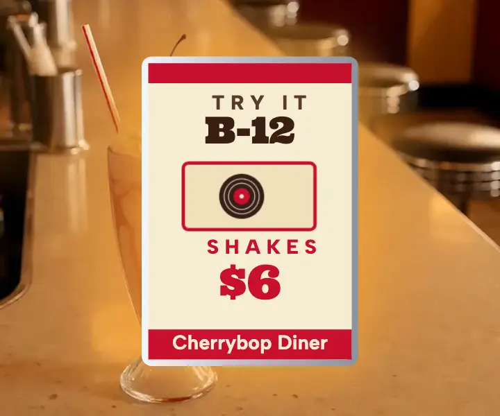 Cherrybop Diner shake ad, jukebox strip: milkshake ad template