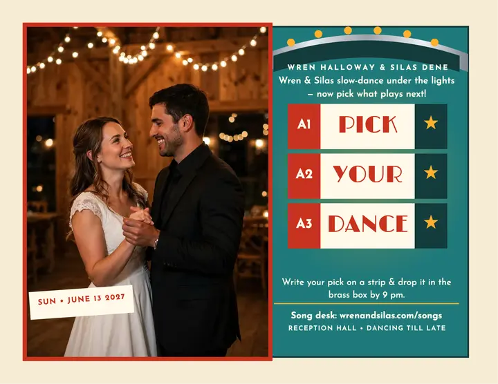 Wren and Silas jukebox request flyer: wedding song request flyer template