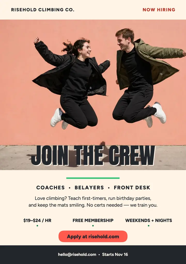 Risehold climbing crew jumping hiring flyer: climbing gym hiring flyer template