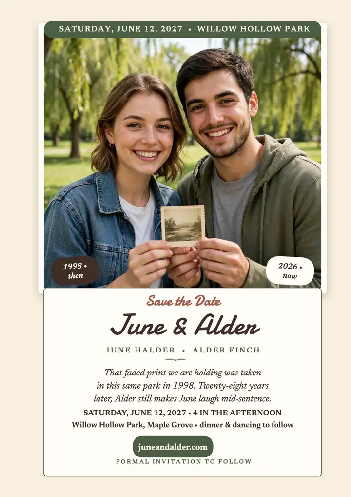 June and Alder then and now save the date: save the date flyer template