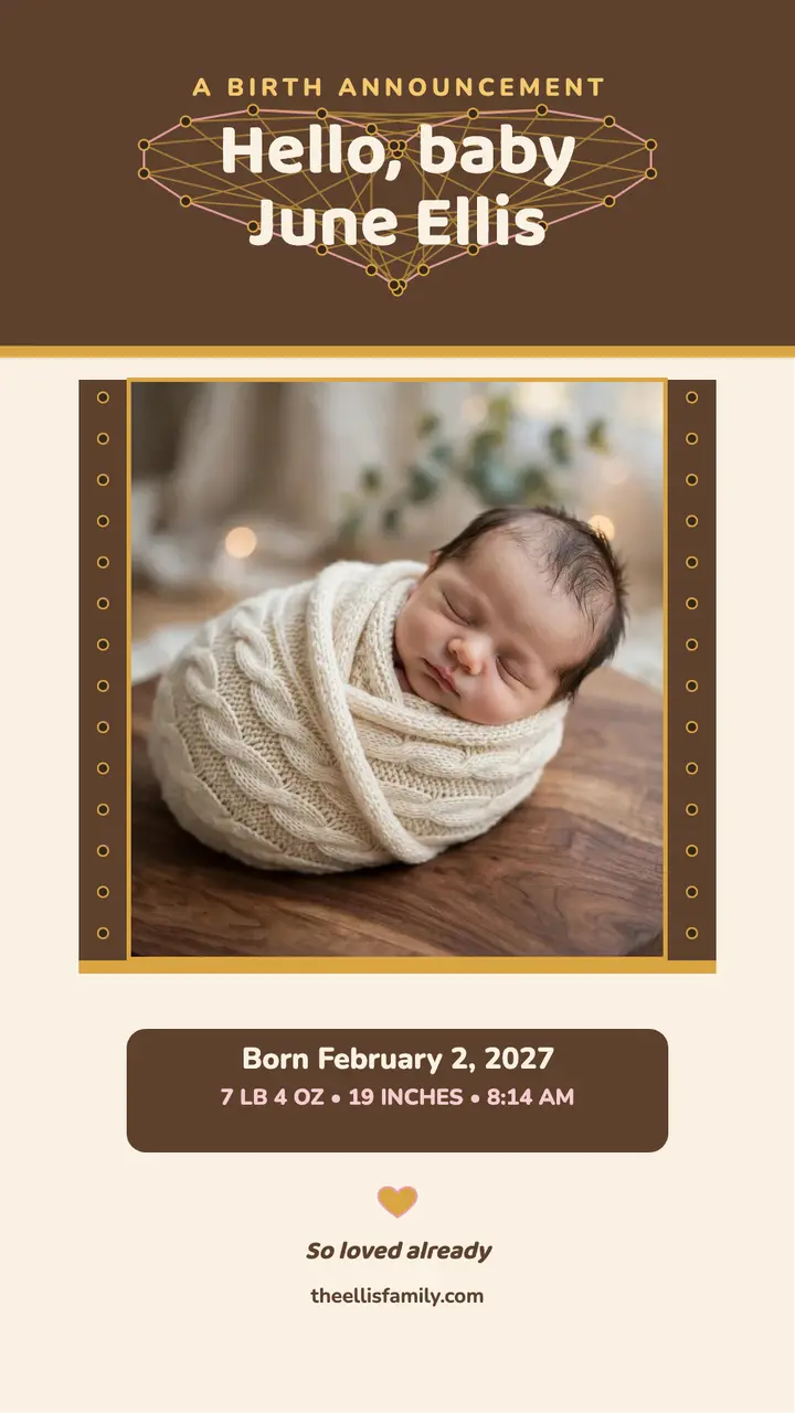 June Ellis string heart baby announcement template