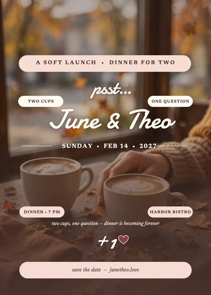 June and Theo plus one teaser invite: soft launch dinner invitation template
