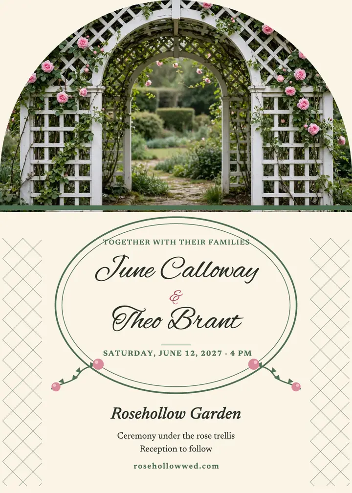 Rose trellis garden invitation, June and Theo template