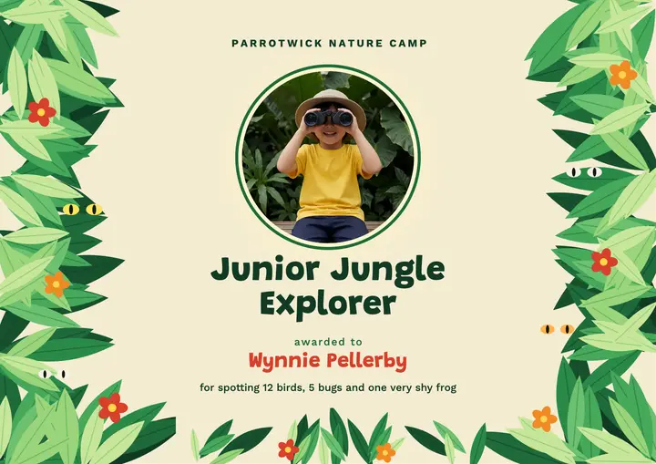 Junior jungle explorer camp certificate: kids jungle explorer certificate template
